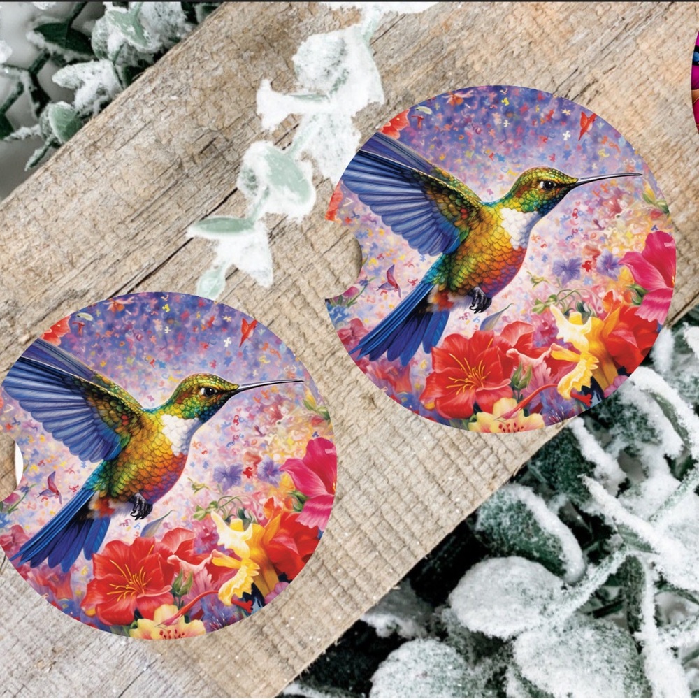 Handmade Hummingbird Car Coasters | New Set Of Two Sublimated Car Coasters